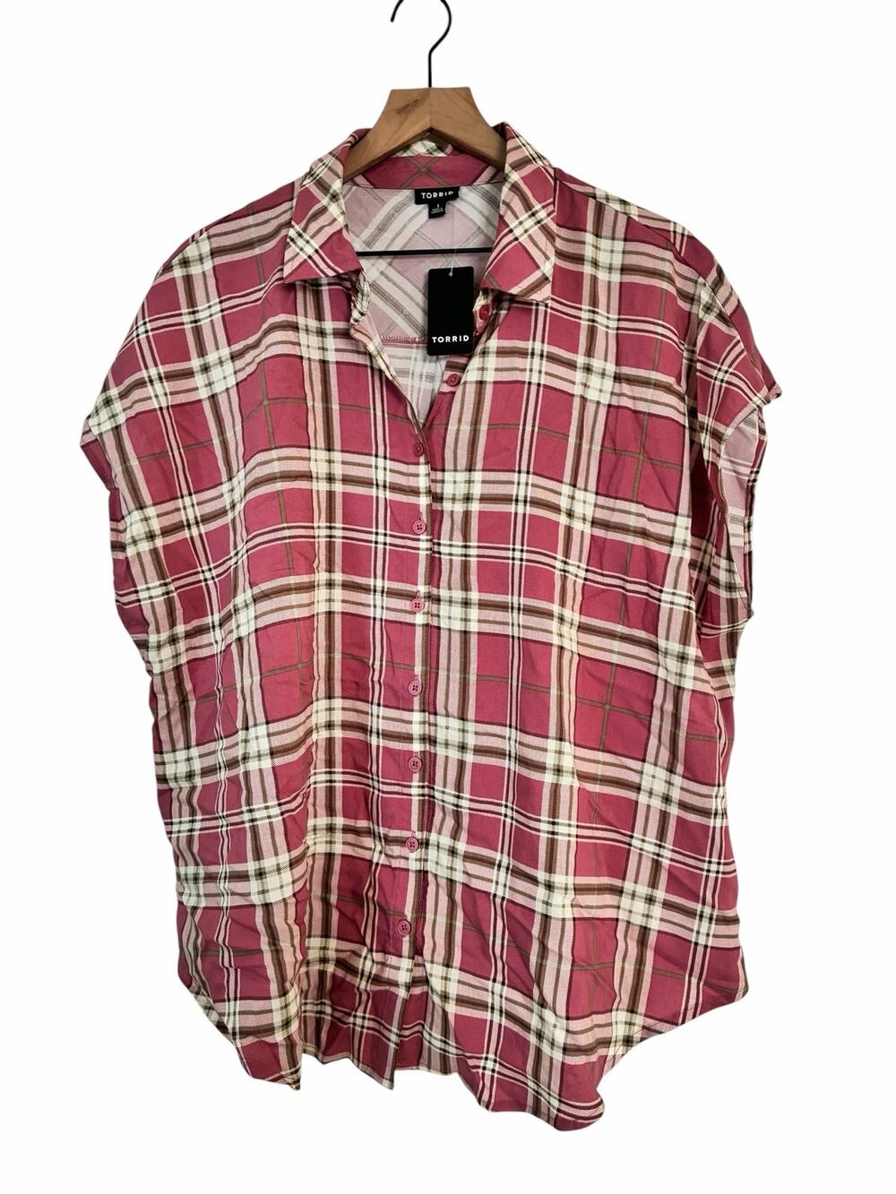 Torrid Challis Dolman Button Up Plaid Pink Short Sleeve Shirt Size 1X NWT